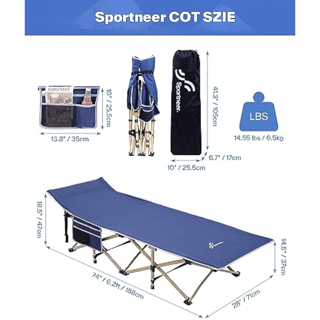 Sportneer Folding Camping Cot with Mattress | Heavy-Duty 450lbs Support
