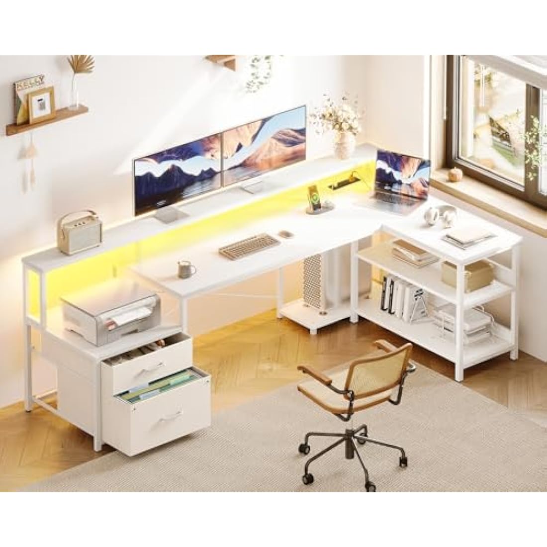 L-Shaped Gaming Desk with LED Lights & Power Outlets, White