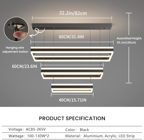 Mikeru Modern 3-Ring LED Pendant Light | Dimmable Black Chandelier