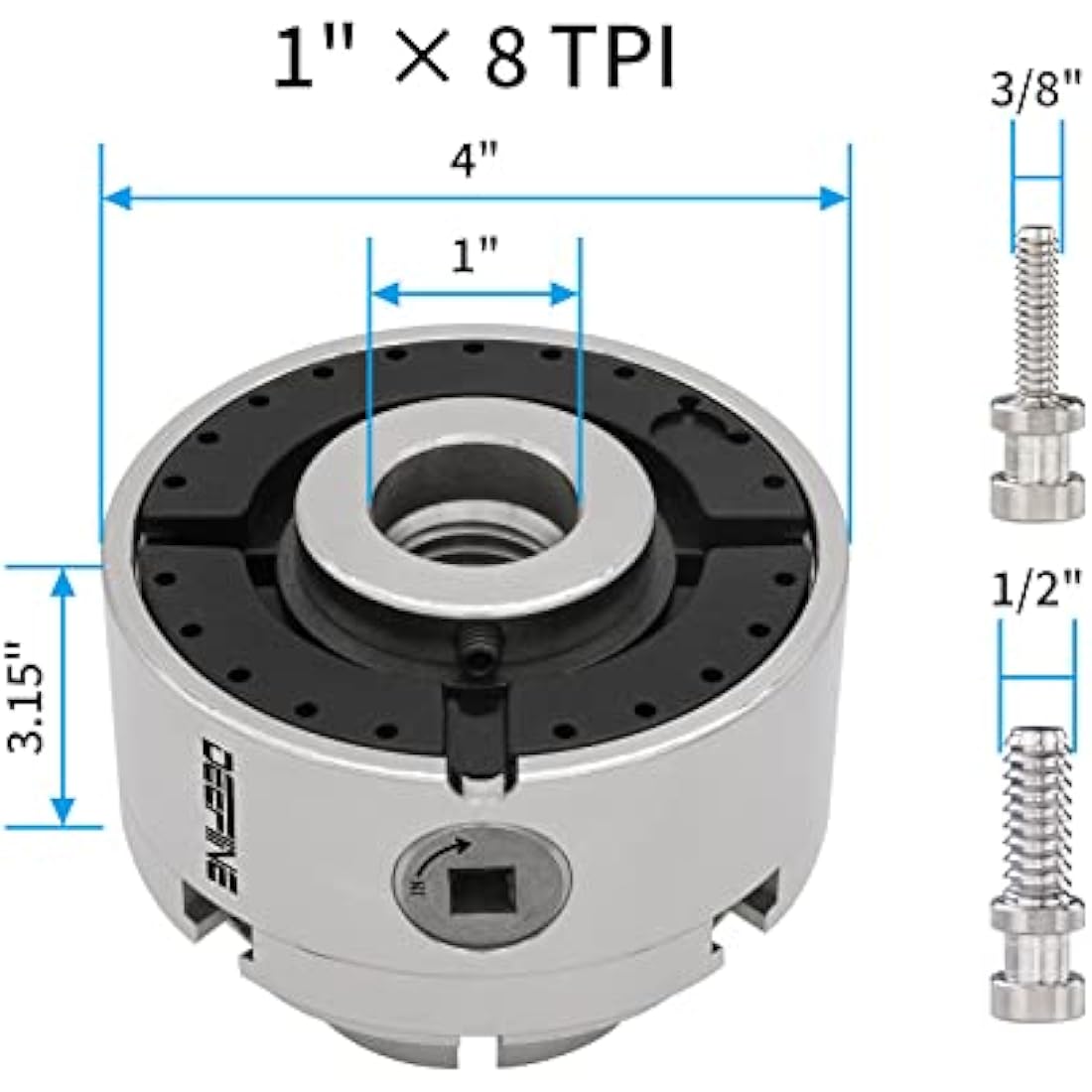 DEEFIINE 4 Inch Wood Lathe Chuck Set | 1" x 8 TPI Nickel Plated 5 Jaws