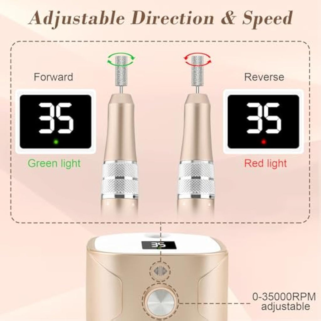 Kredioo Professional Electric Nail Drill - 35,000RPM Manicure Kit (Gold)
