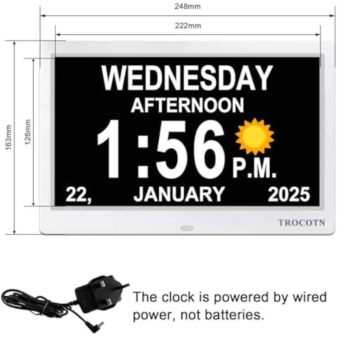 TROCOTN 10 Inch Digital Calendar Day Clock for Elderly - Large Display White