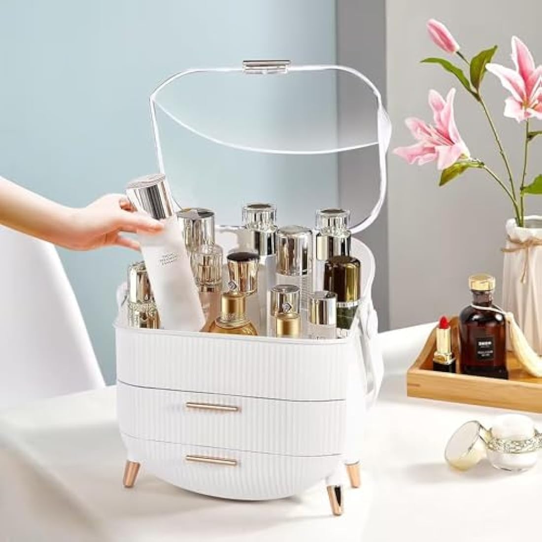 SIOOUI Makeup Organizer – Dustproof Skincare Display Case with Drawers