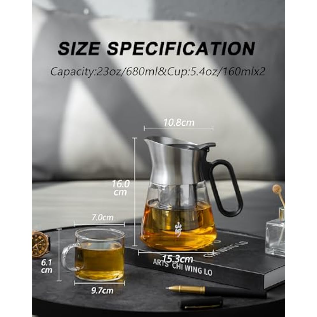 ZENS Glass Tea Infuser Teapot Set with 2 Cups | 680ml Borosilicate Glass