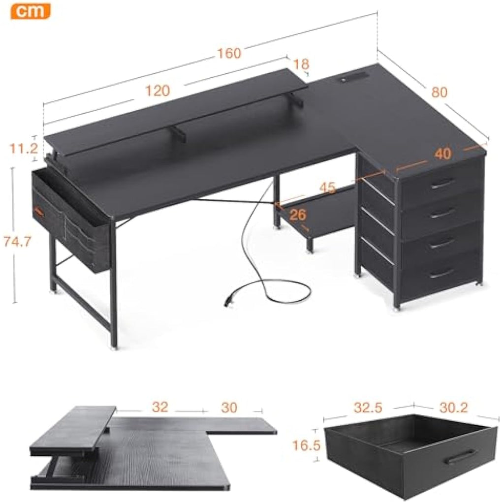ODK L-Shaped Corner Desk with Drawers, Power Outlets & Monitor Stand