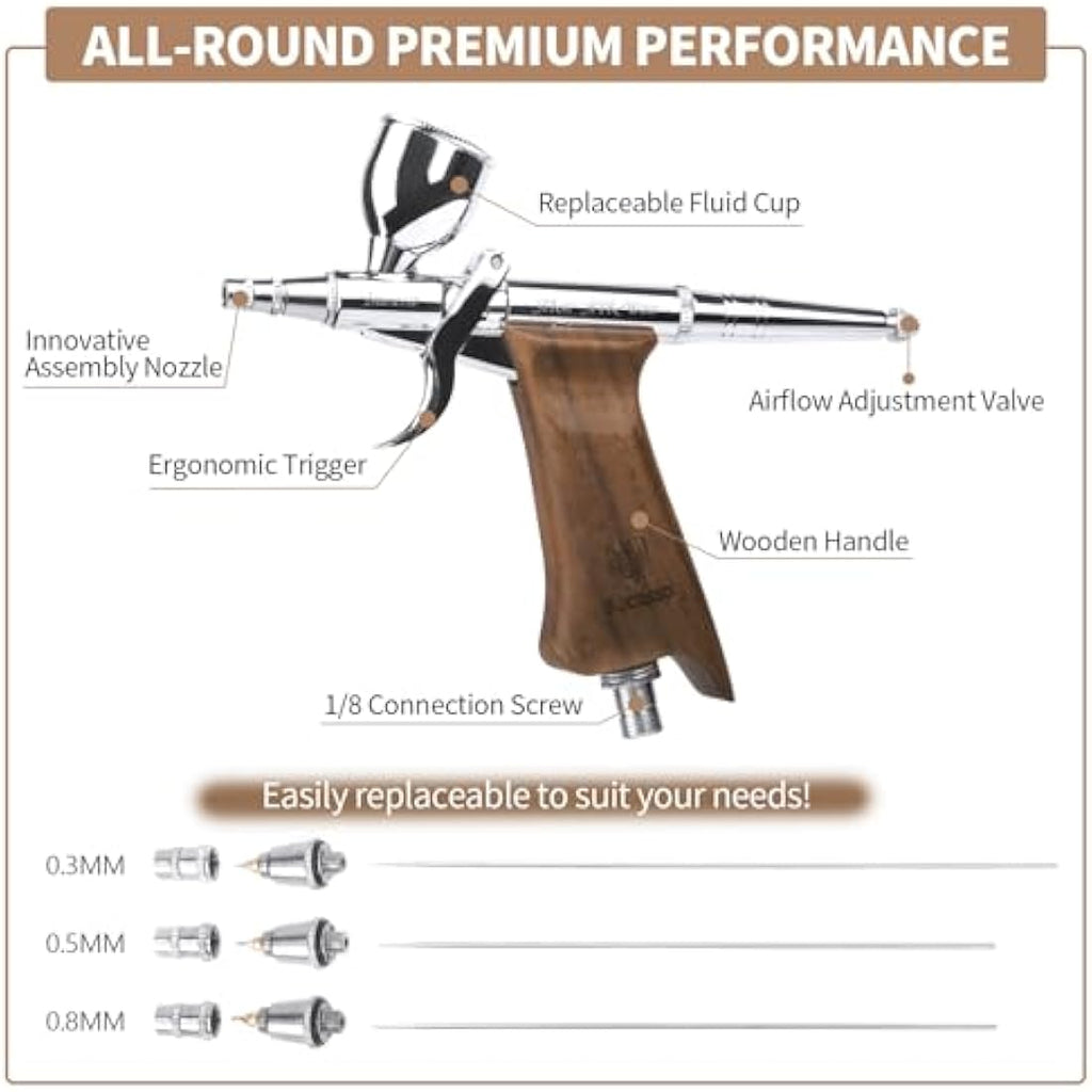Bucasso Double Action Airbrush Kit with 3 Nozzles and Wooden Handle