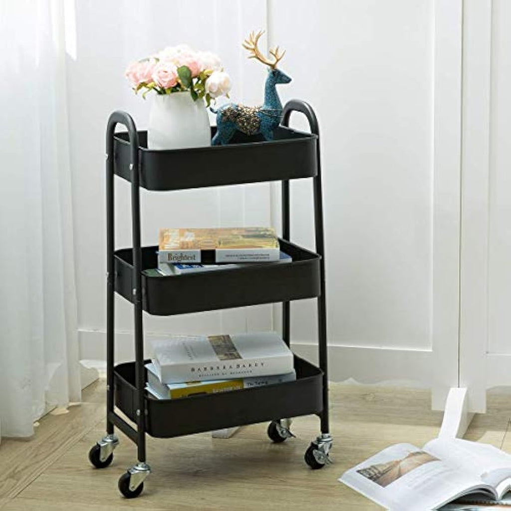 Jolof Store 3-Tier Metal Rolling Utility Cart - Slim Storage Trolley, Black