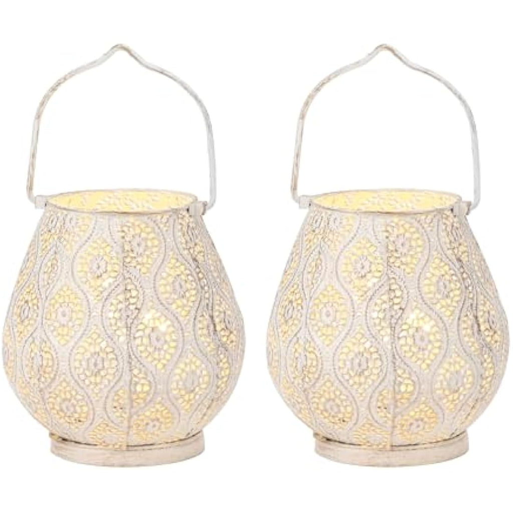 TRIROCKS Moroccan Metal Table Lamps – Set of 2 White Cordless Lanterns
