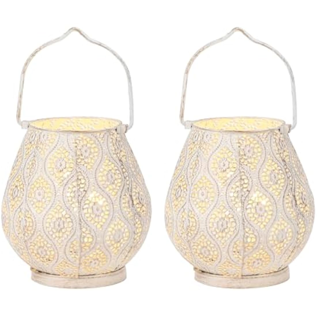 TRIROCKS Moroccan Metal Table Lamps – Set of 2 White Cordless Lanterns