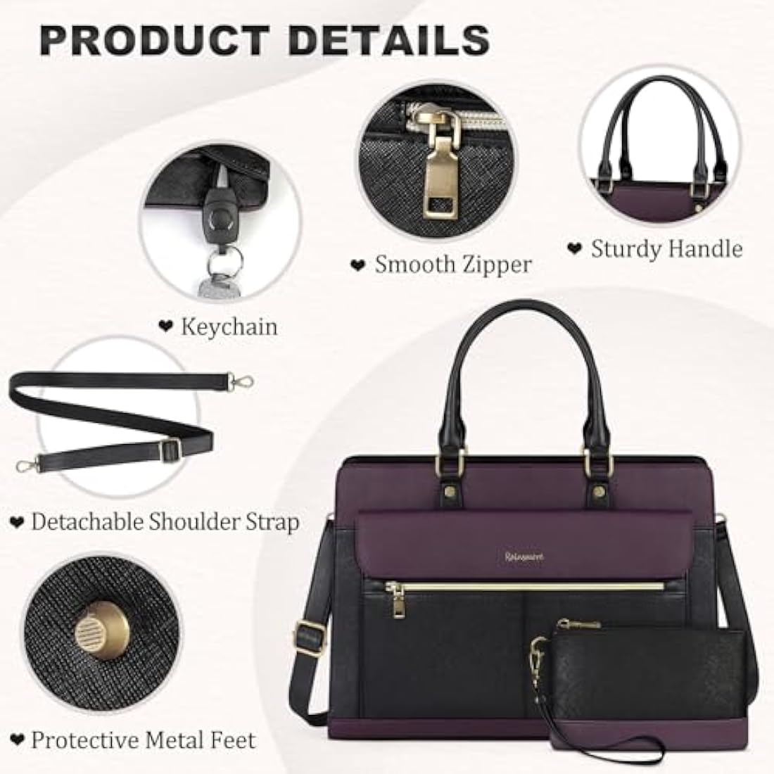15.6 Inch Laptop Tote Bag – Purple PU Leather Work Handbag
