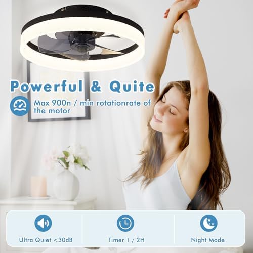 MOSSCO Modern Flush Mount Ceiling Fan with Light - 40cm Black LED