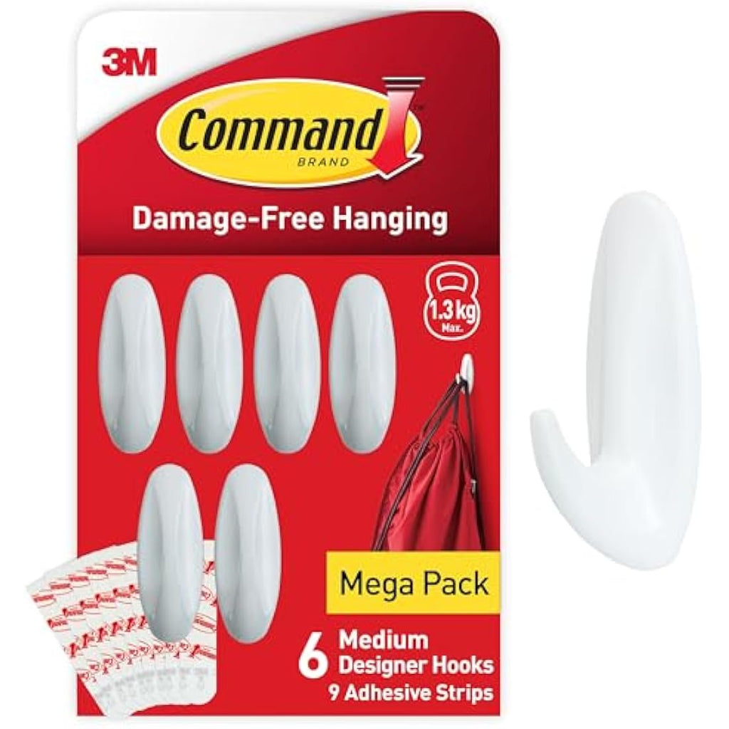 Command Medium Designer Hooks, White – Damage-Free Hanging (6 Pack)