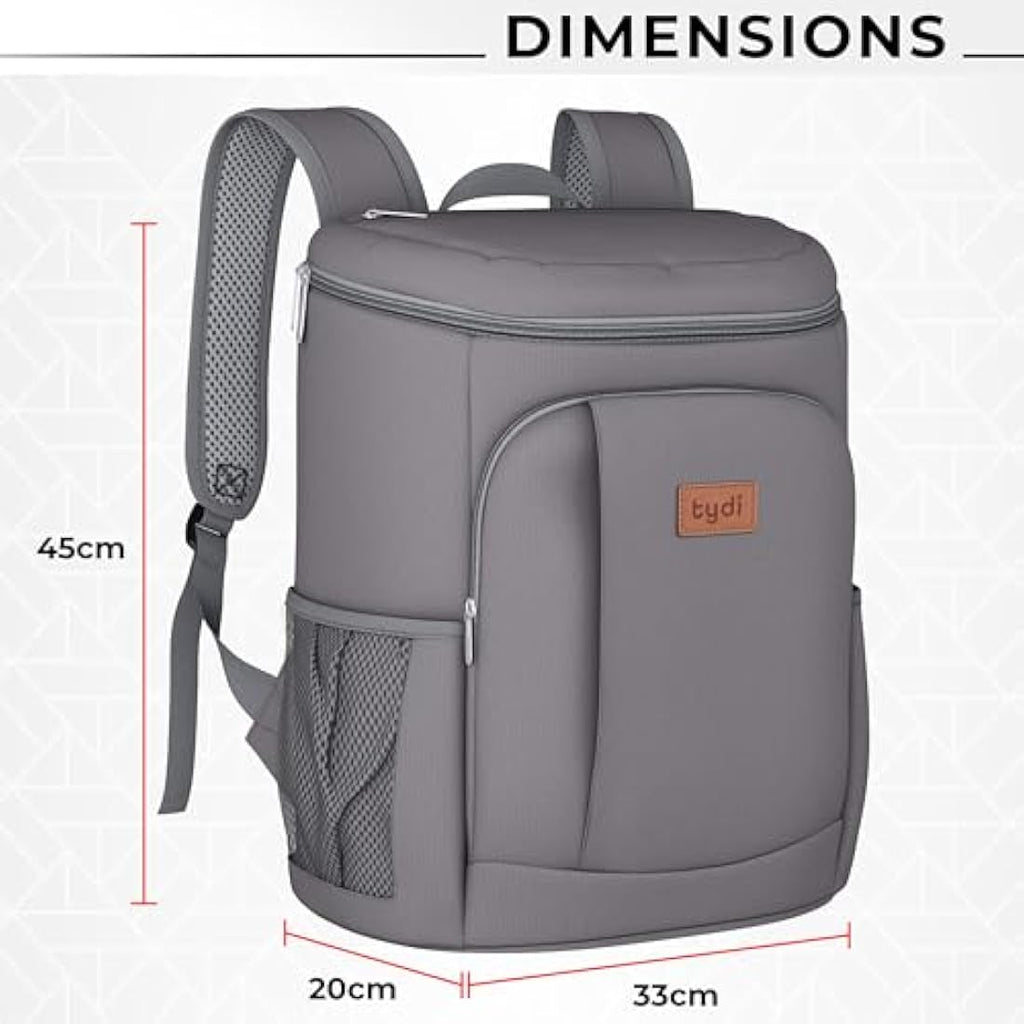 Tydi Insulated Cooler Backpack – 30L Leakproof Hiking Rucksack, Grey
