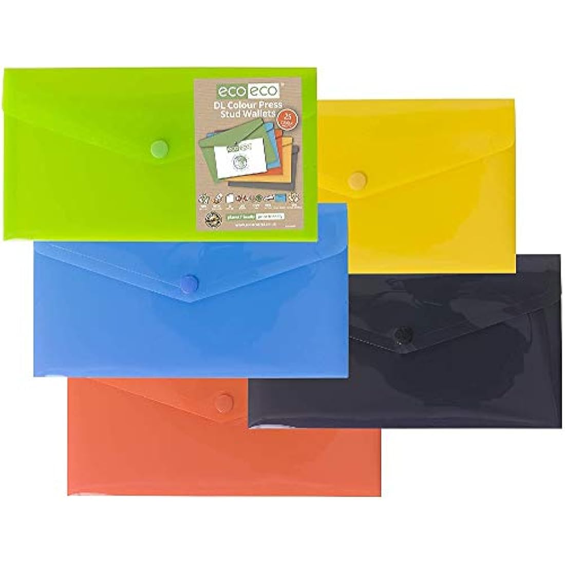 eco-eco DL Recycled Plastic Document Wallets | Assorted Colours (Pack of 25)