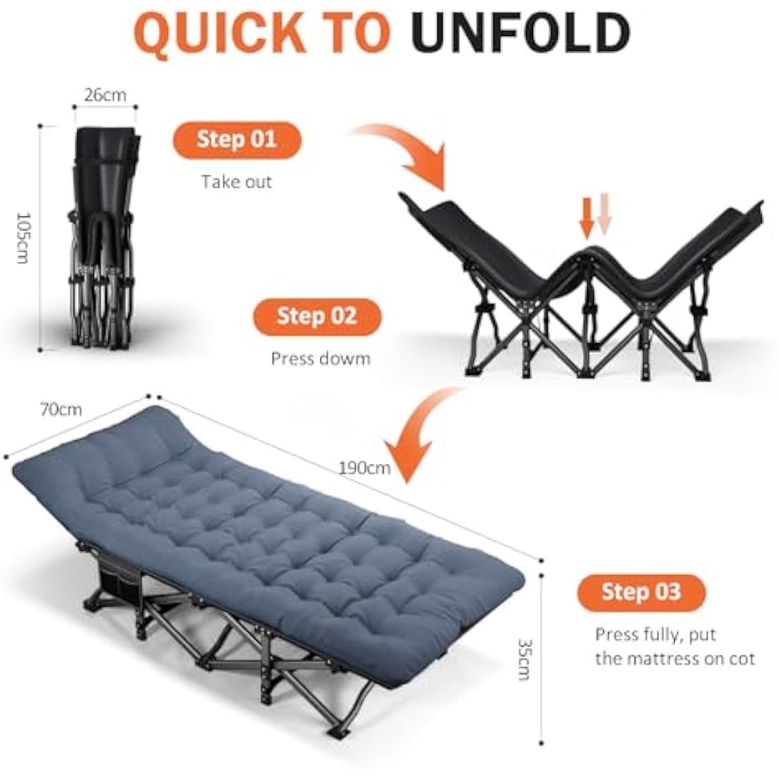 ATORPOK Heavy-Duty Camping Cot with Cushion – Portable 450lbs Blue