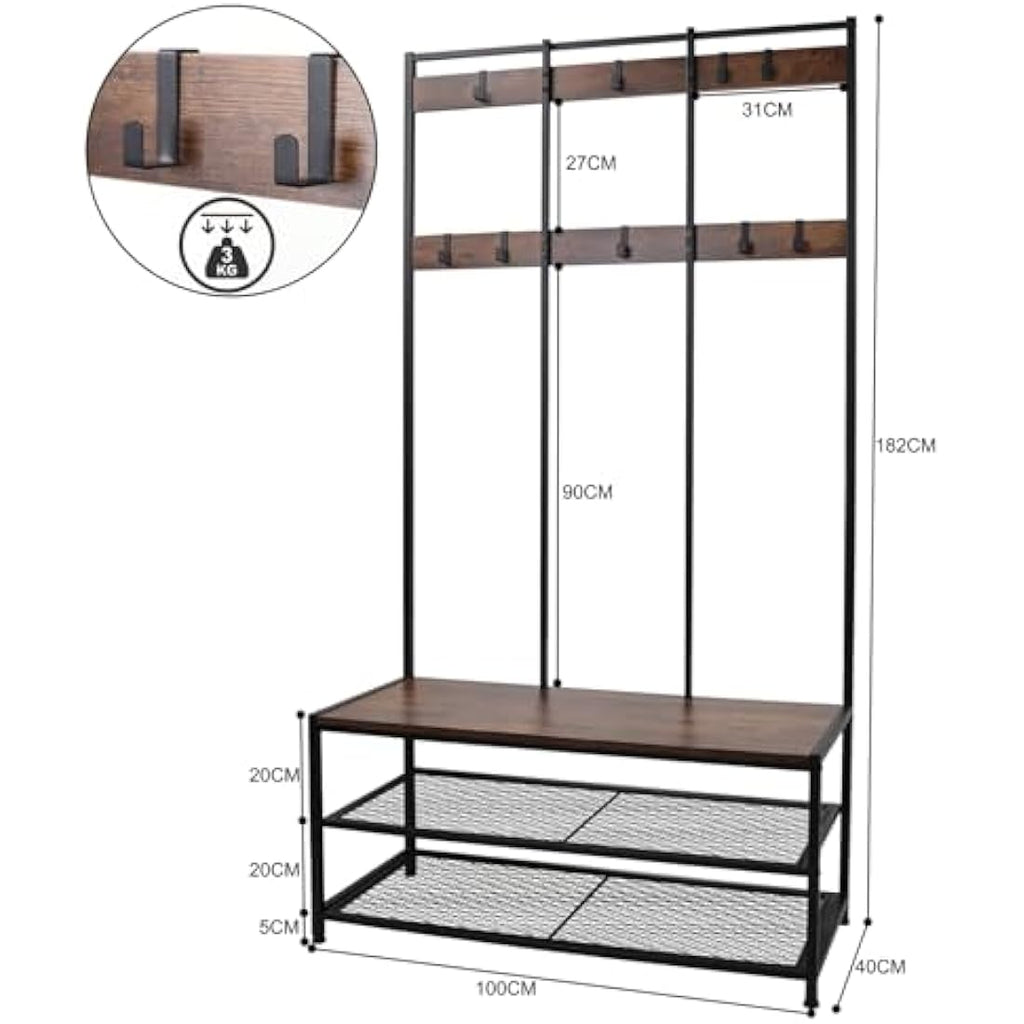 Dripex Industrial Hall Tree Coat Rack with Shoe Bench and 12 Hooks