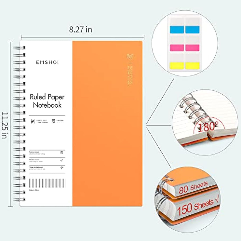 EMSHOI A4 Spiral Notebook - 300 Pages College Ruled 100gsm Paper, Orange