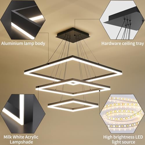 Modern 3-Ring Square LED Chandelier | Dimmable Black Pendant