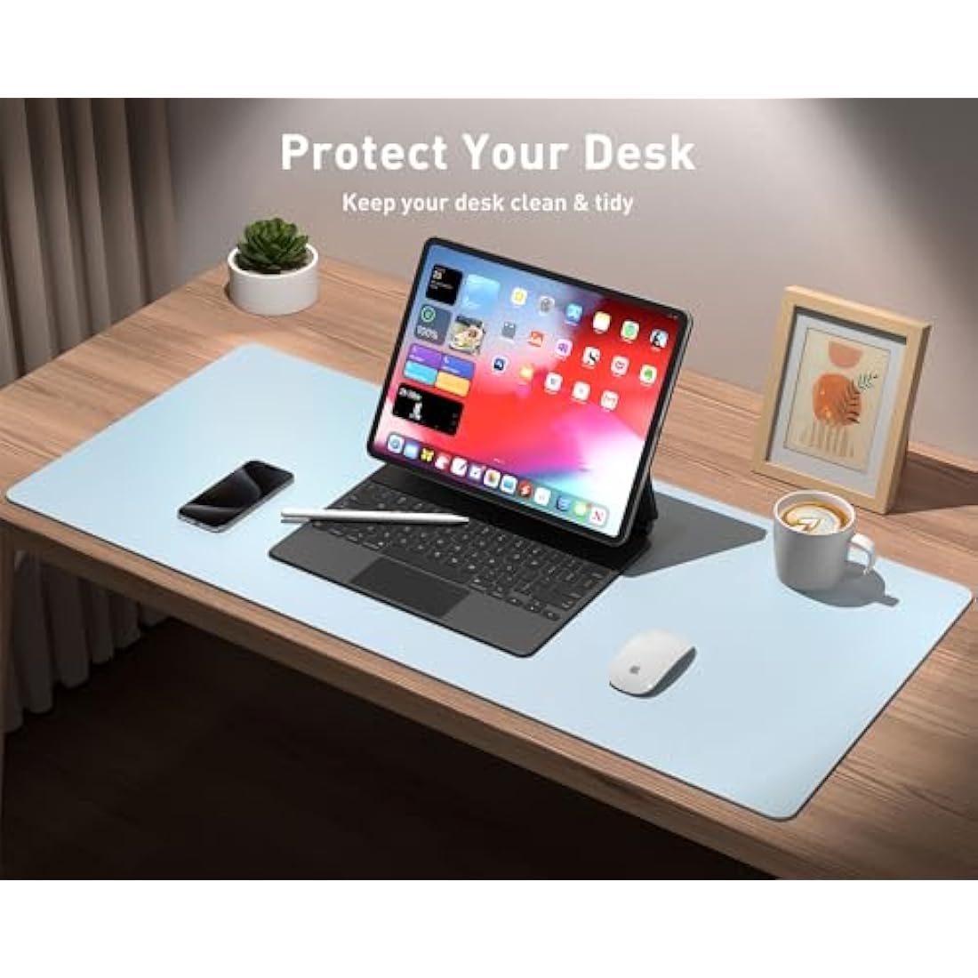 Aothia PU Leather Desk Pad – Waterproof Non-Slip Mat, Baby Blue (60x35cm)