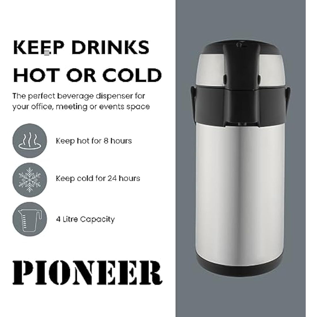 Pioneer 4L Stainless Steel Airpot | Insulated Coffee & Tea Dispenser