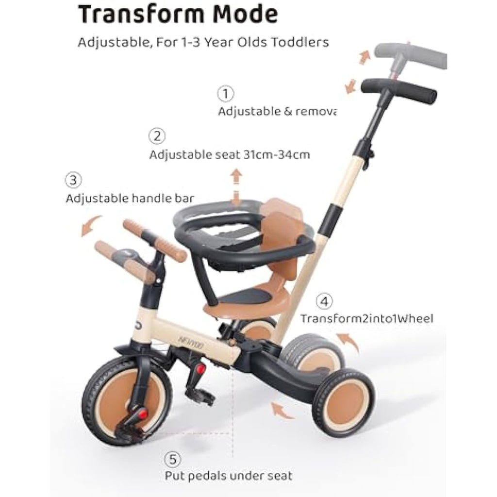 newyoo 5-in-1 Toddler Tricycle with Parent Handle - Khaki TR008