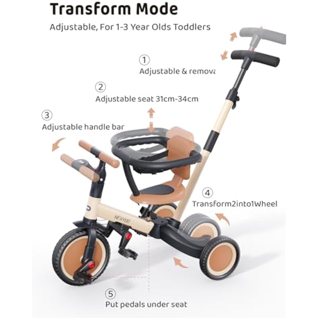 newyoo 5-in-1 Toddler Tricycle with Parent Handle - Khaki TR008