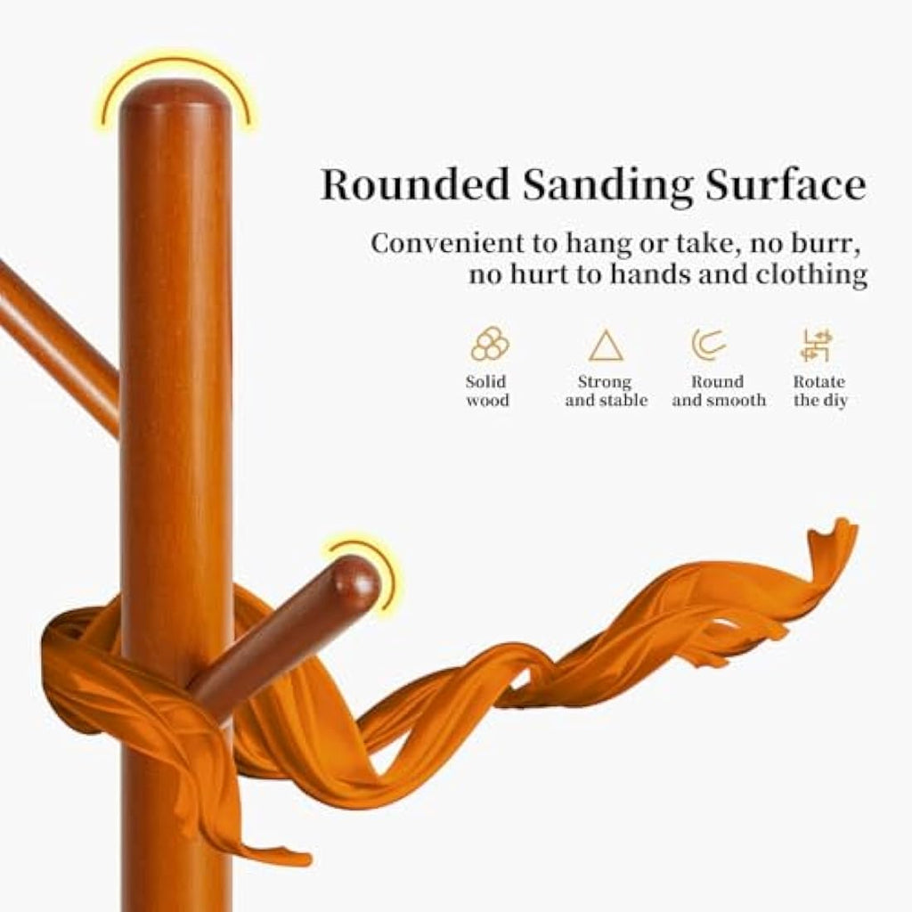 Aibiju Wood Coat Rack Free Standing | 8 Hooks Adjustable Height Tree