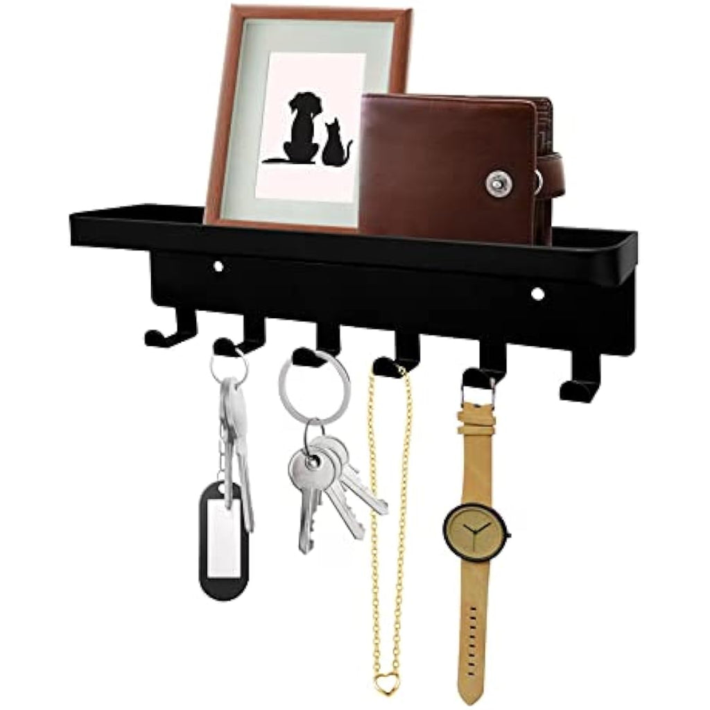 Wall Key Holder with Mail Tray – 6 Hooks Metal Entryway Rack