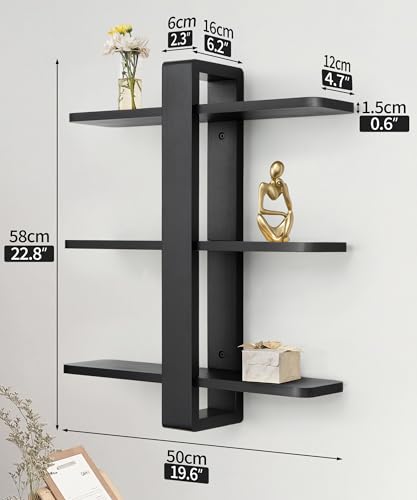 SUMGAR Floating Shelves – 3 Tier Black Pine Wood Wall Mounted Shelving Unit