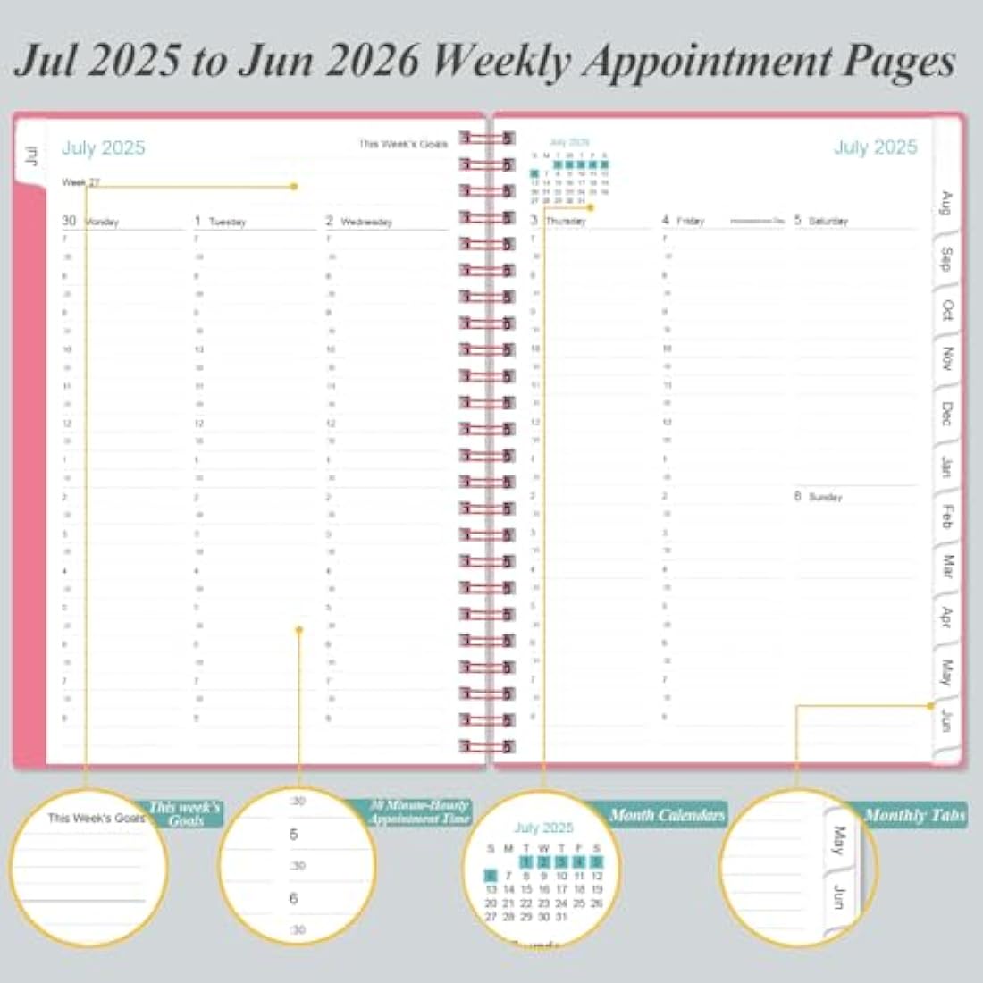 Jolof Store 2024-2025 Hourly Appointment Book - A5 Weekly Planner, Pink