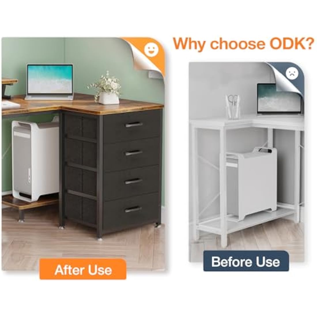 ODK L-Shaped Corner Desk with Drawers, Power Outlets & Monitor Stand