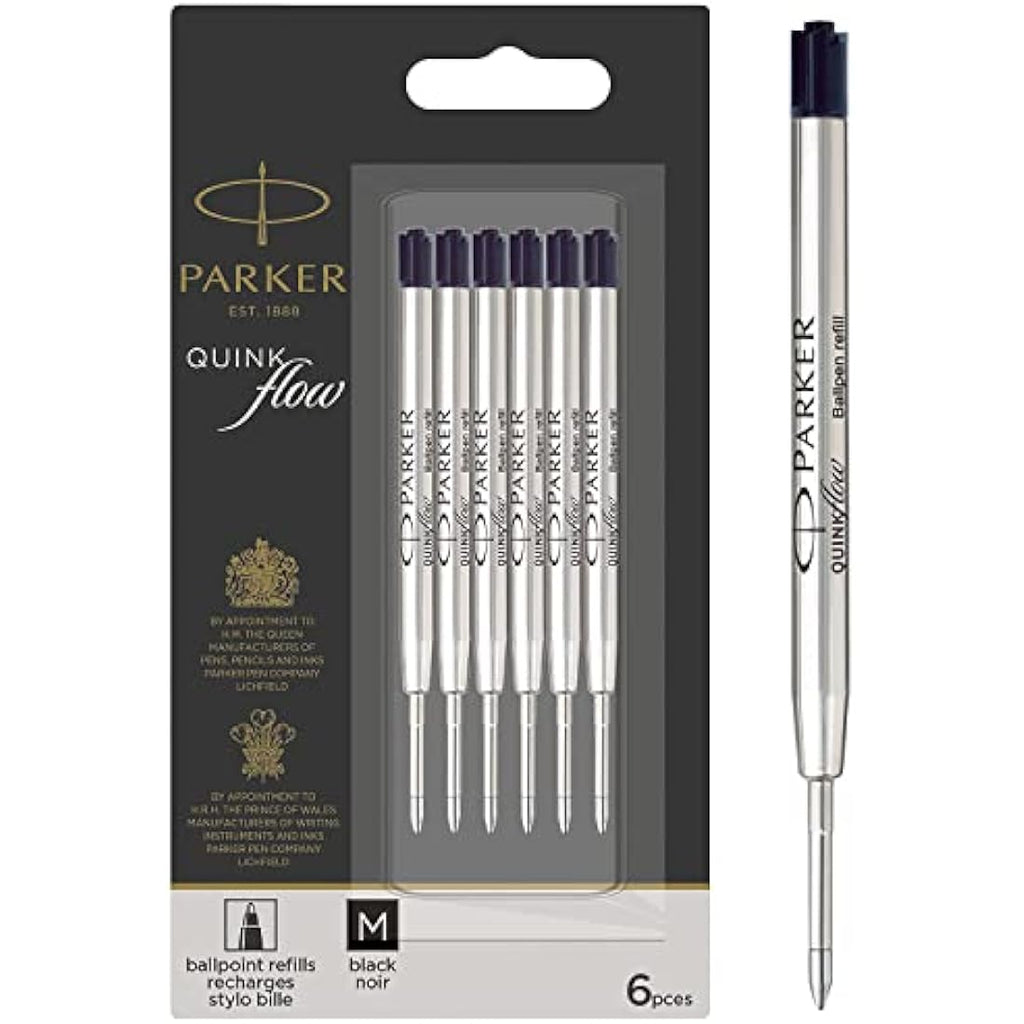 Parker Ballpoint Pen Refills | Medium Point Black Quinkflow Ink | 6 Pack