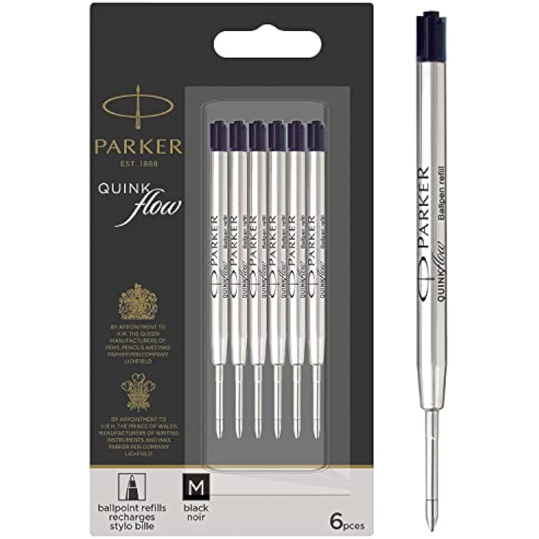 Parker Ballpoint Pen Refills | Medium Point Black Quinkflow Ink | 6 Pack