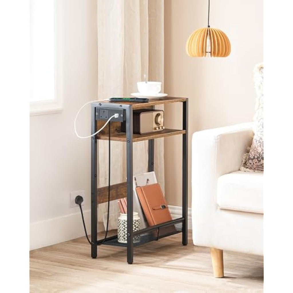 CHOEZON Narrow Side Table with Charging Station | Rustic End Table