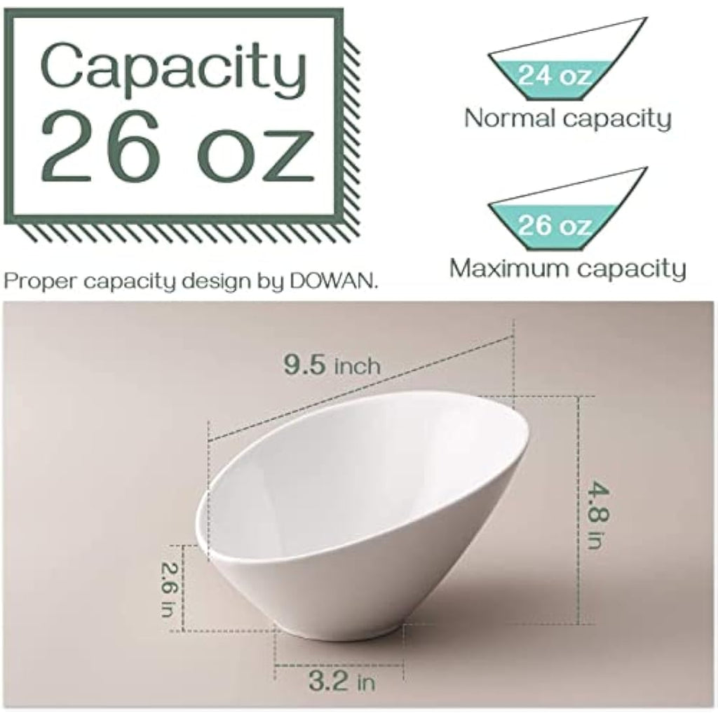 DOWAN White Porcelain Slanted Salad Bowls - 26oz Ceramic Serving Set of 2