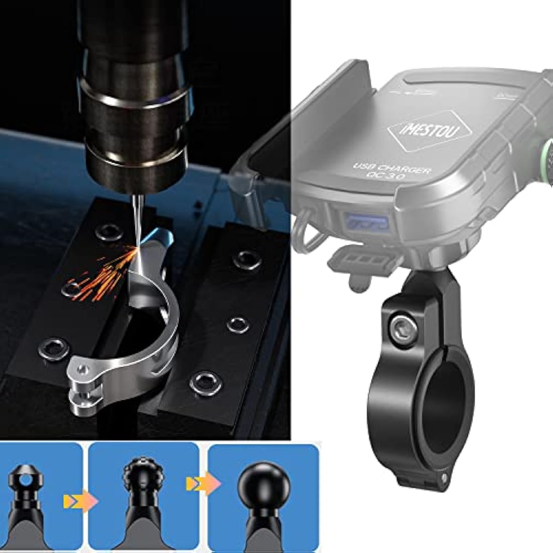iMESTOU Aluminum Motorcycle Phone Mount with USB Charger | 4.0-6.8" Devices