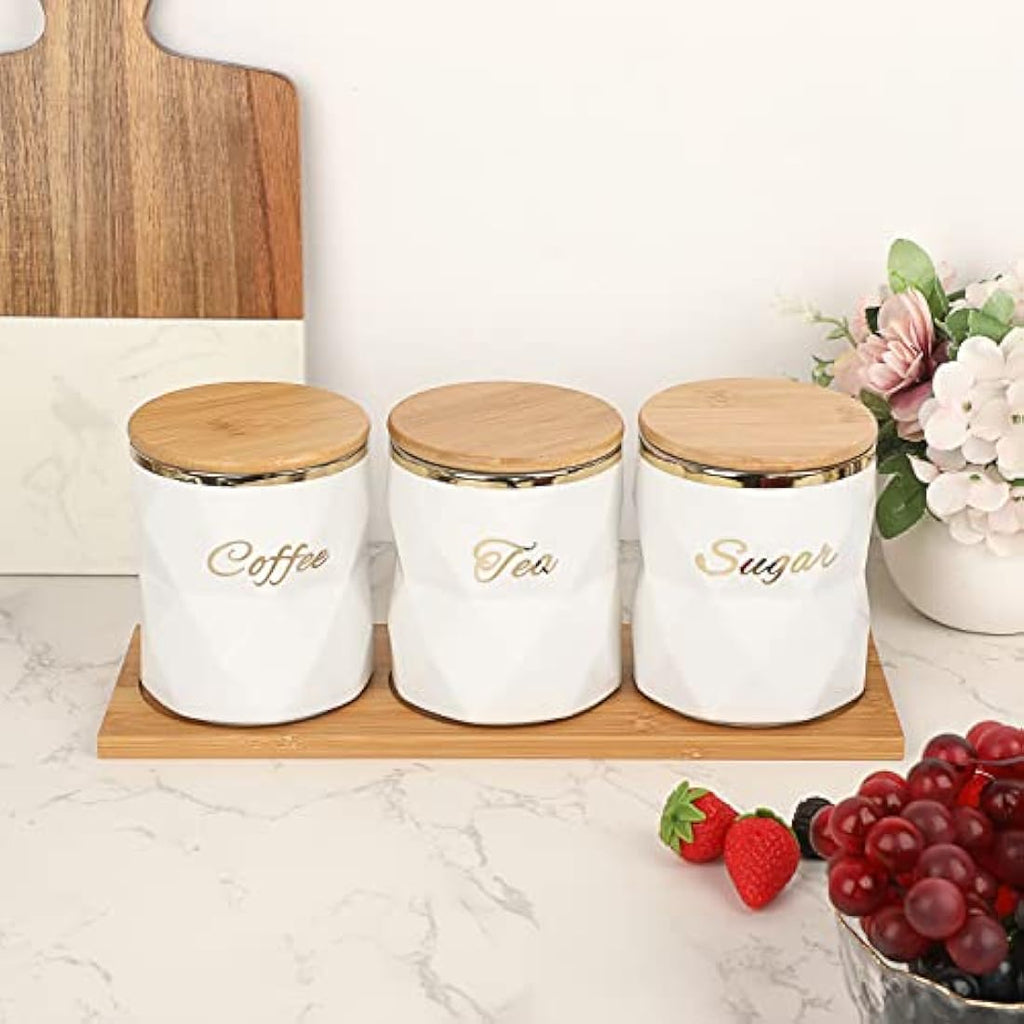 Ceramic Kitchen Canisters – 3pc Airtight Set with Bamboo Tray