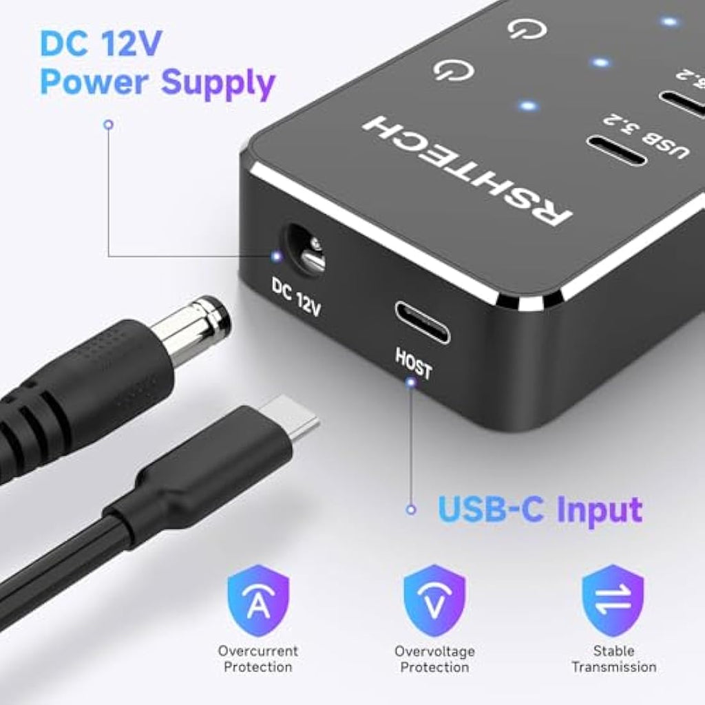 RSHTECH 10-Port Powered USB C Hub | 60W Adapter | 10Gbps USB 3.2 Gen2