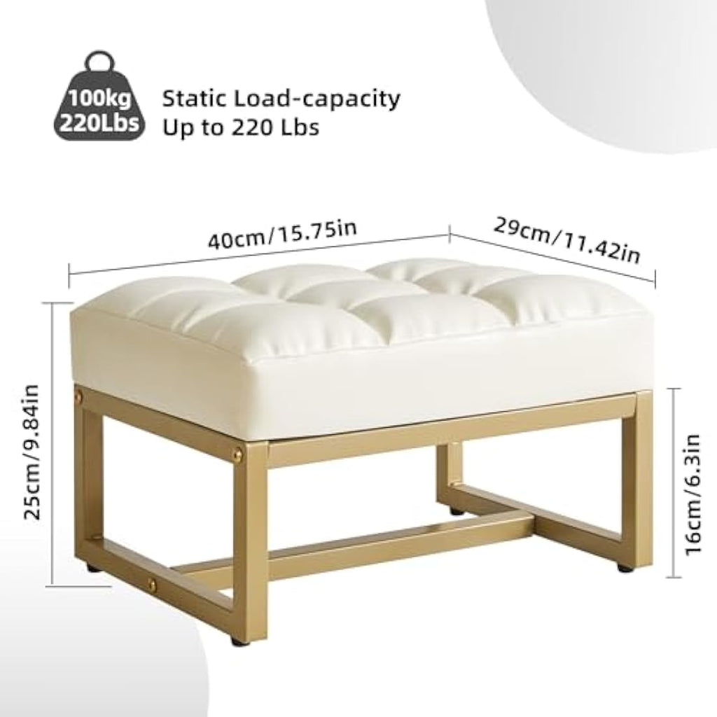 Aibiju White Faux Leather Footstool Ottoman with Gold Metal Frame