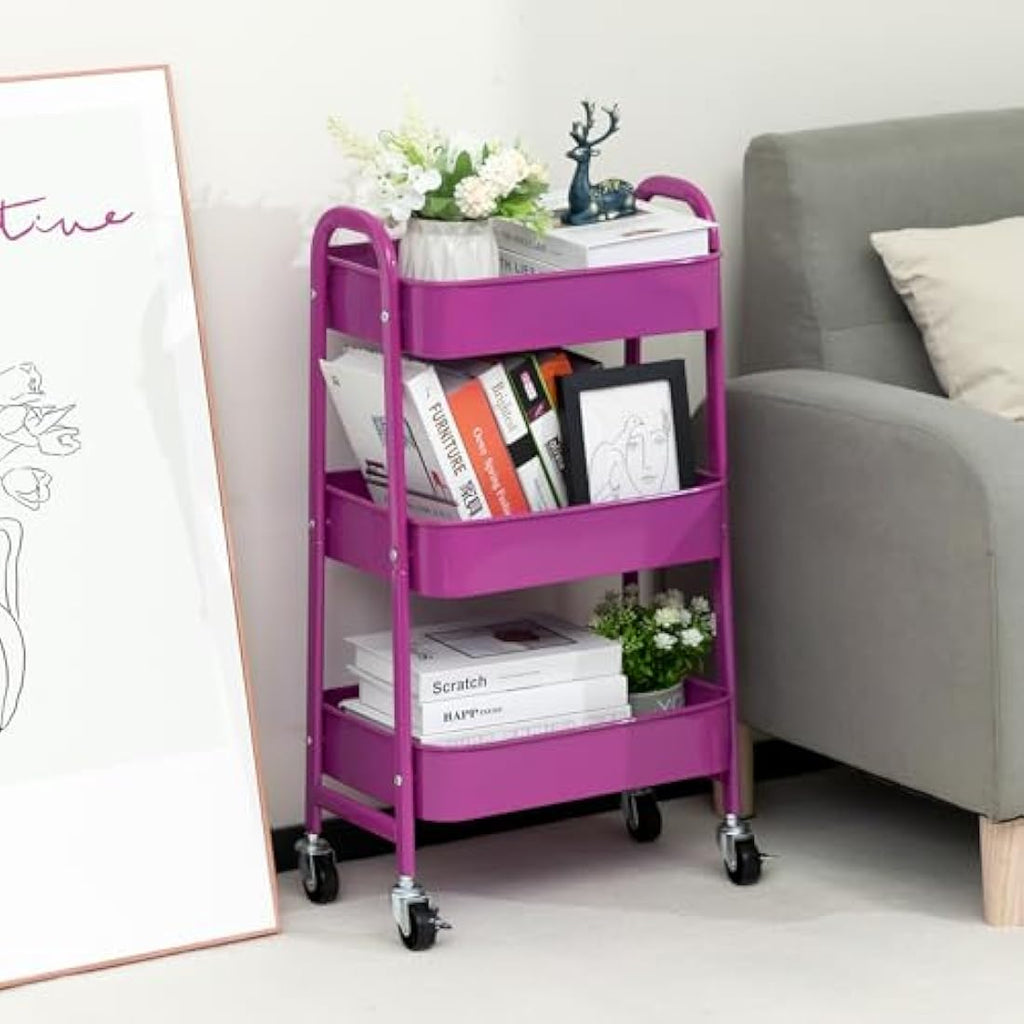 DOEWORKS 3-Tier Metal Rolling Utility Cart - Slim Storage Trolley, Purple