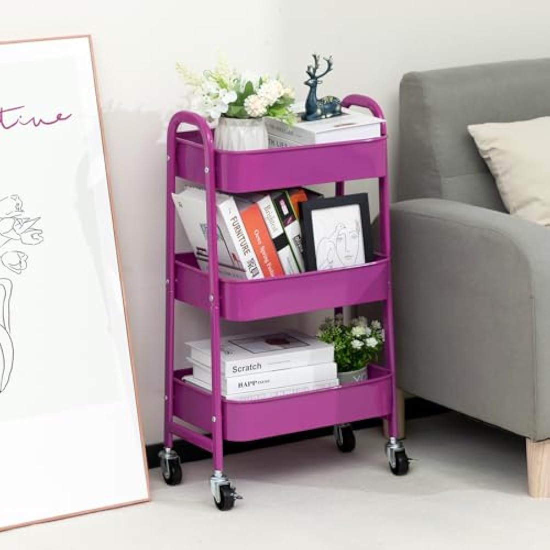 DOEWORKS 3-Tier Metal Rolling Utility Cart - Slim Storage Trolley, Purple