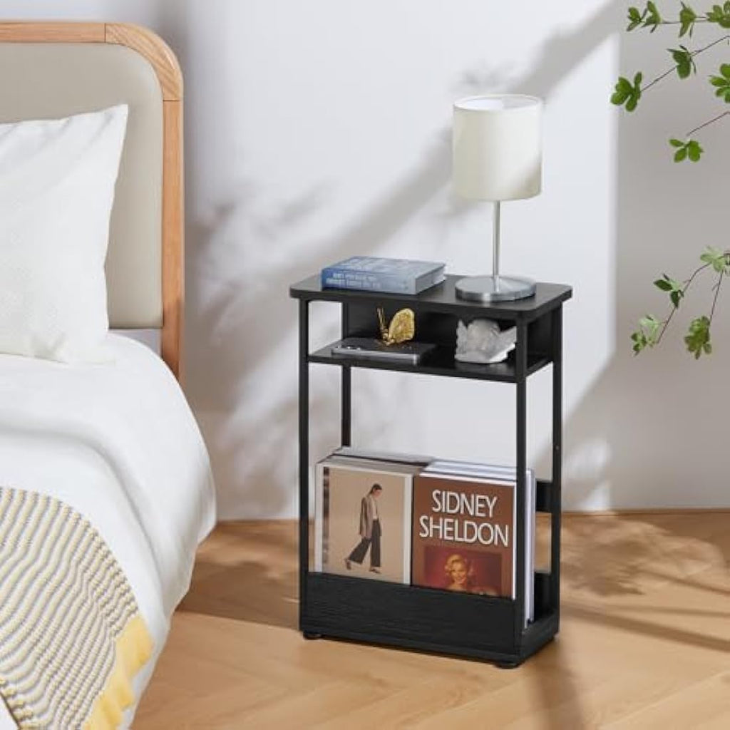 Narrow Side Table – Slim Nightstand with Magazine Rack, Black