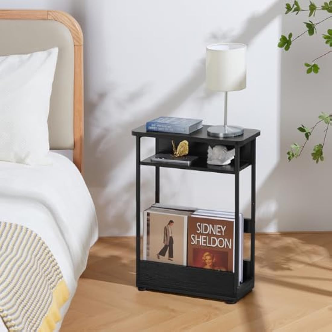 Narrow Side Table – Slim Nightstand with Magazine Rack, Black