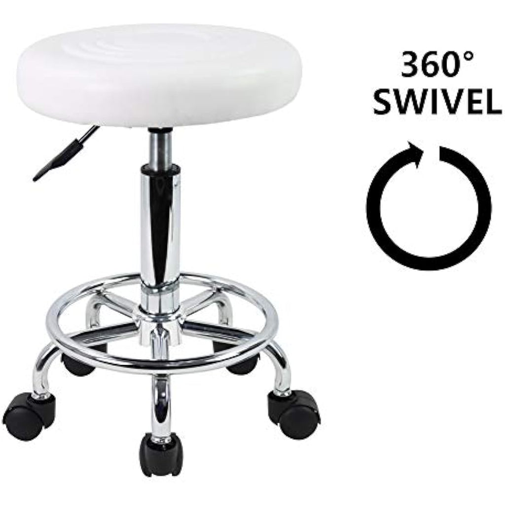 KKTONER PU Leather Rolling Stool - Swivel Salon Chair with Footrest, White