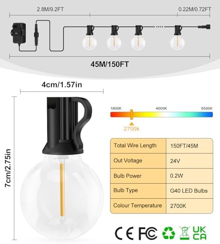 Vanranger G40 Festoon Outdoor Lights | 45M 150Ft Shatterproof LED String