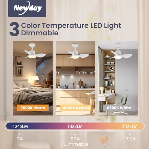 Newday 24" Small White Ceiling Fan with Dimmable LED Light and Remote