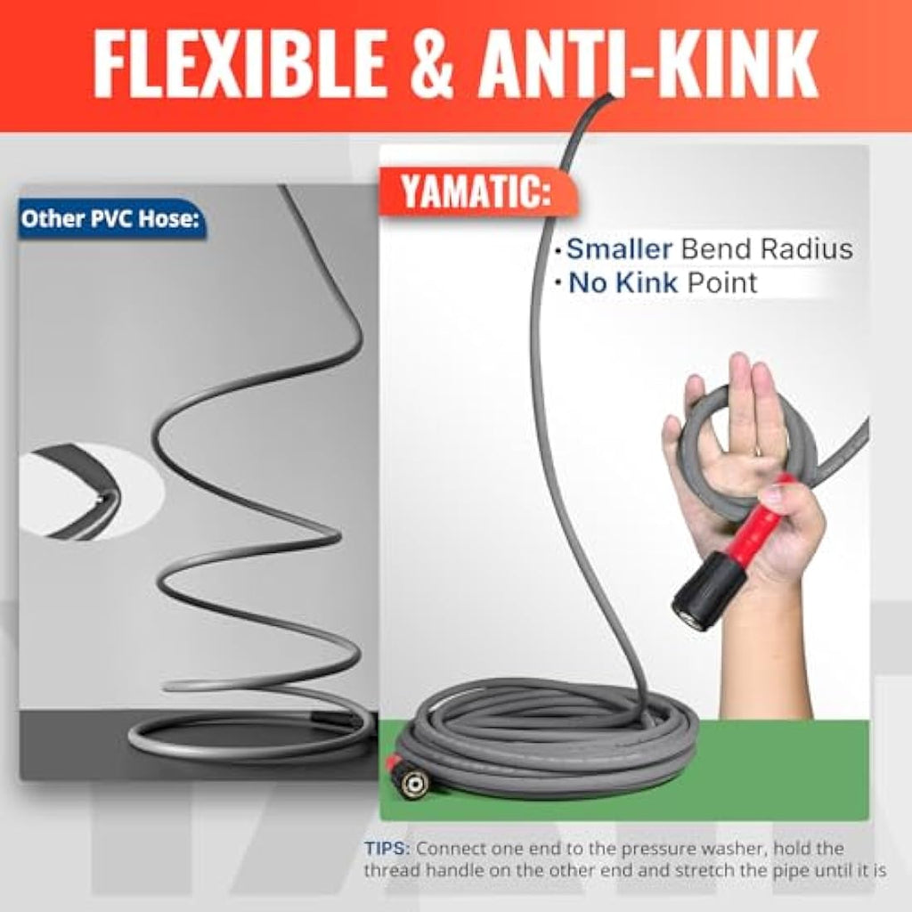 YAMATIC 50FT Pressure Washer Hose – 3200 PSI Kink Resistant M22 Replacement
