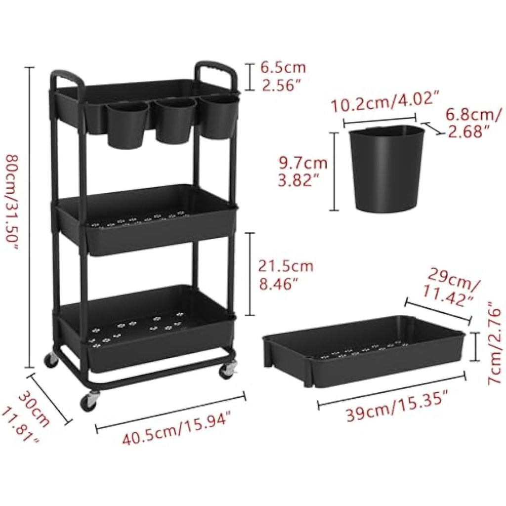 JIUYOTREE 3-Tier Rolling Utility Cart with Hanging Cups & Wheels - Black