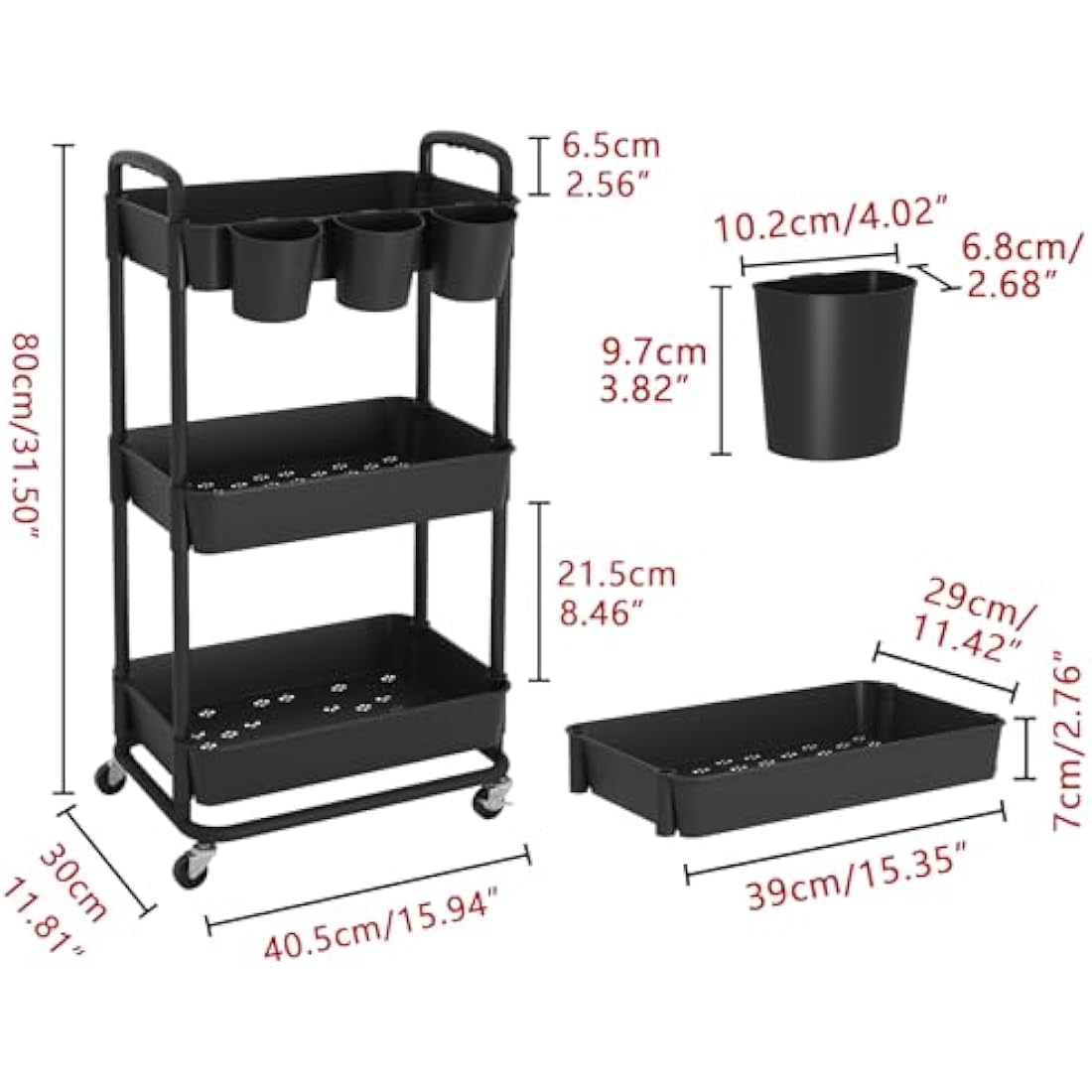 JIUYOTREE 3-Tier Rolling Utility Cart with Hanging Cups & Wheels - Black