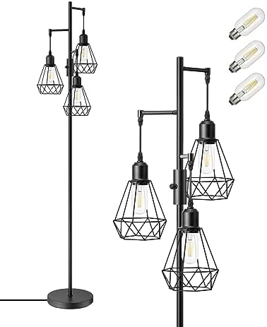 EDISHINE Industrial Floor Lamp | Dimmable 3-Light Cage Standing Lamp